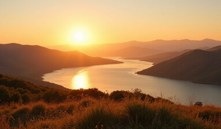 A serene landscape with a rising sun, symbolizing new beginnings and natural vitality.