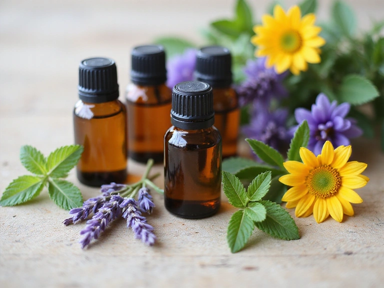 A close-up of various natural essential oils in small bottles with fresh herbs and flowers.