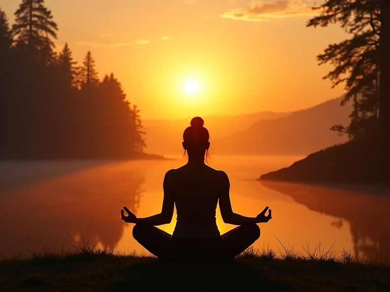 A person meditating peacefully in a natural outdoor setting at sunrise, promoting mental well-being.