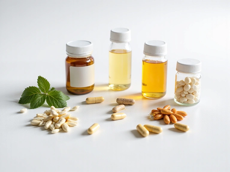 Various herbal supplements and vitamins neatly arranged on a white background, suggesting wellness.