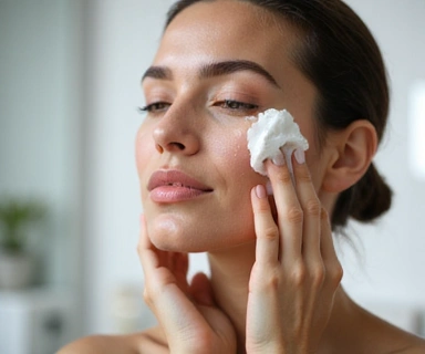 Woman gently cleansing her face with natural cleanser