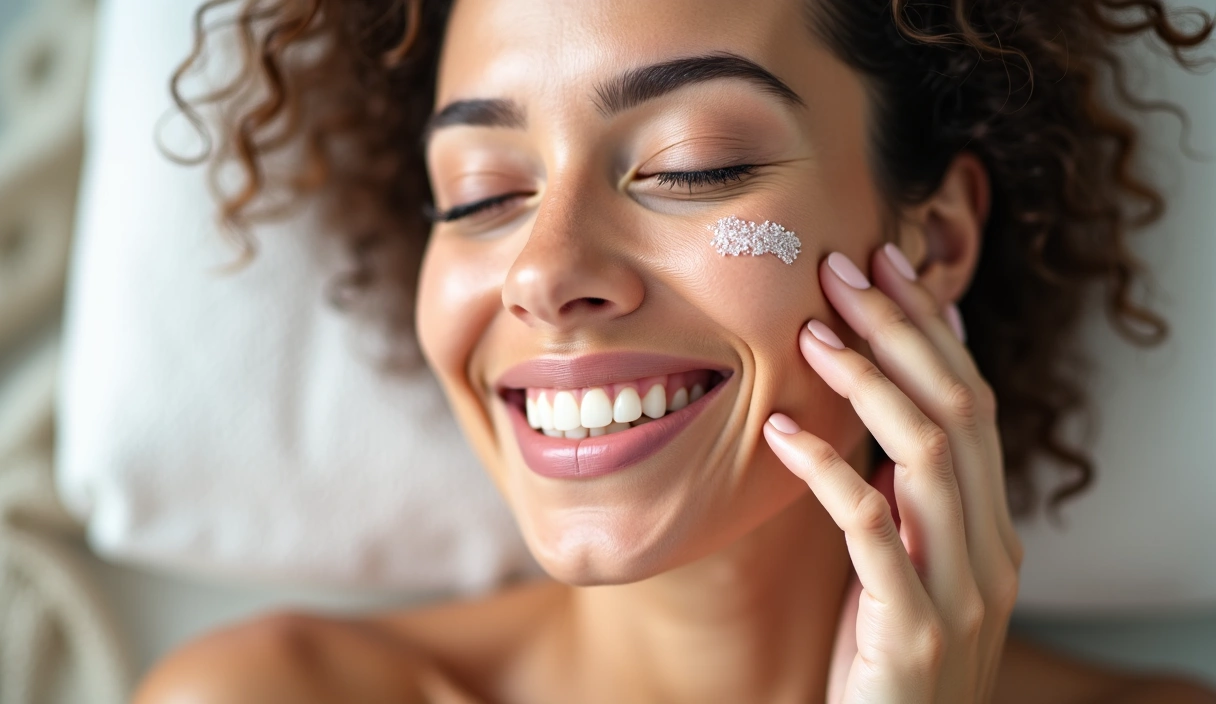 A woman applying natural skincare product on her face, showcasing healthy, glowing skin.