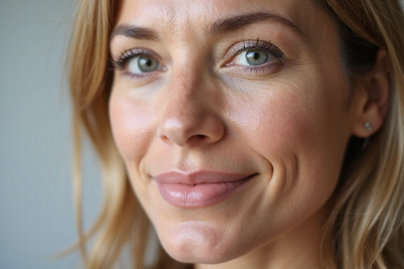 Close-up of a mature woman's radiant, wrinkle-free skin, suggesting anti-aging benefits.