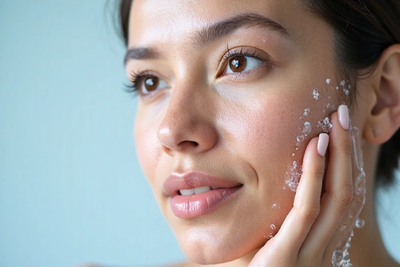 Refreshing splash of water on a clean face, representing cleansers and toners.