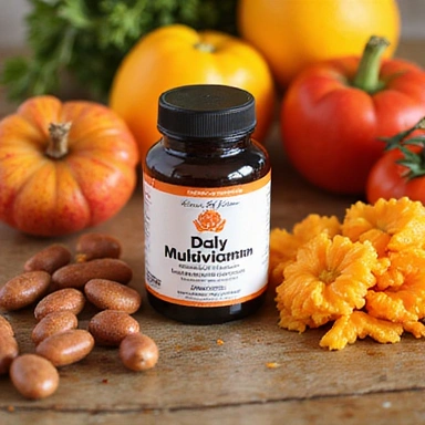 Daily Multivitamin bottle with a vibrant fruit and vegetable background