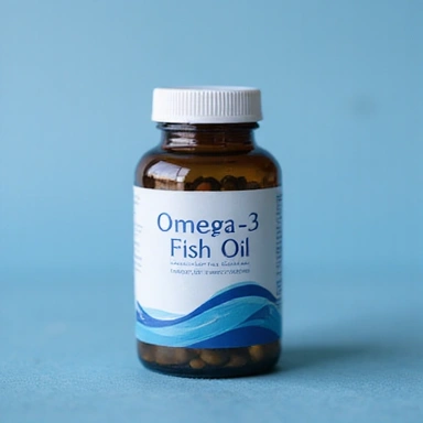 Omega-3 Fish Oil bottle on a calm blue background